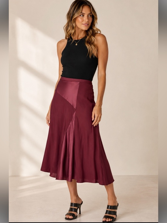 Donna Karan Dresses & Skirts - DKNY Cabernet Satin Midi Skirt NWT | Size 10 | Burgundy Asymmetrical Flowy Skirt